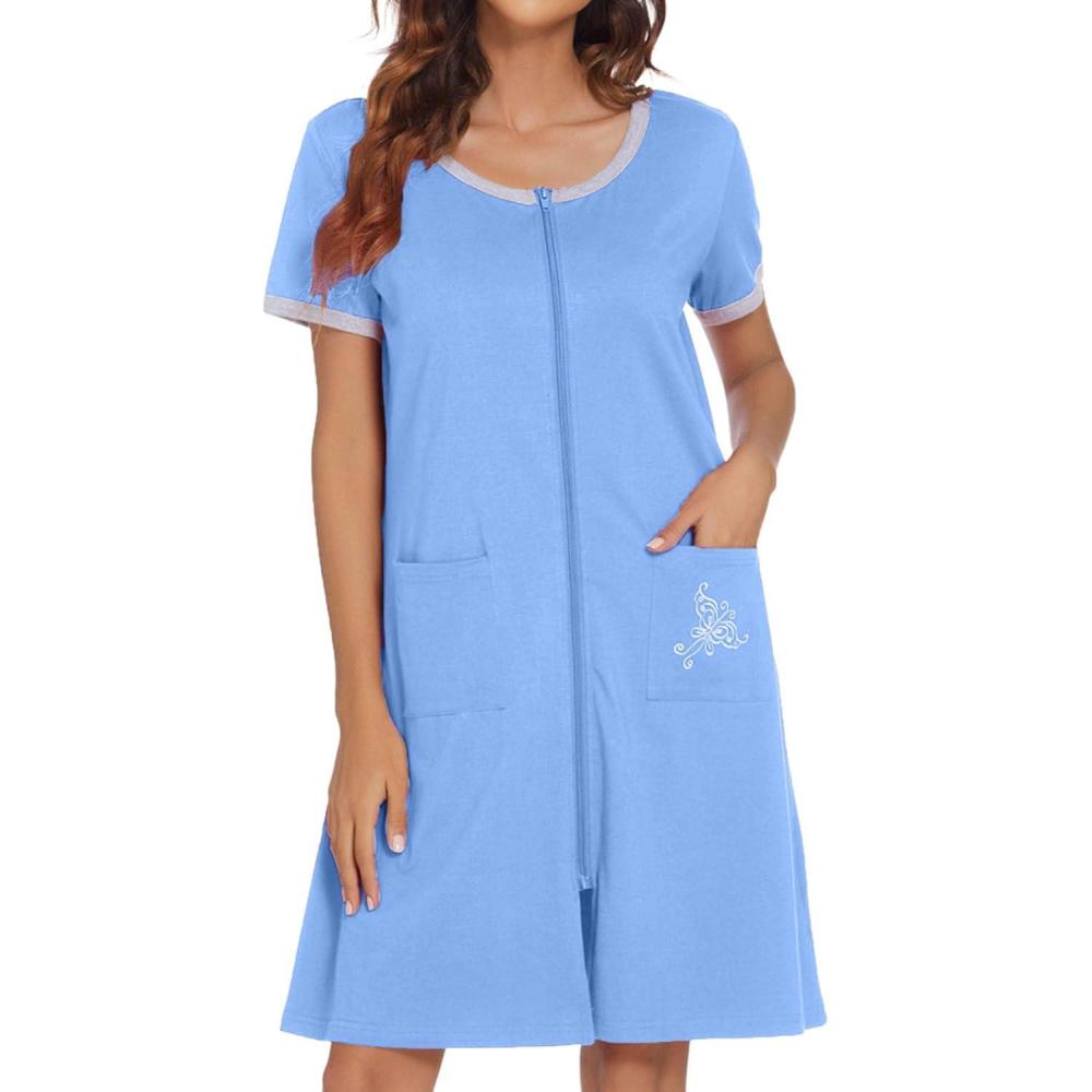 imageEkouaer Women Zipper Front House Coat Short Sleeves Robe Zip Up Bathrobes Short Nightgown with Pockets S3XLLight Sky Blue