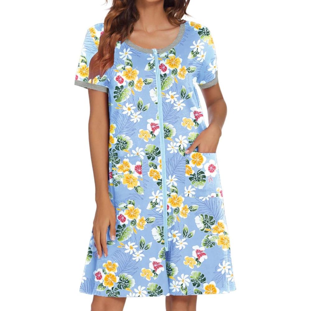 imageEkouaer Women Zipper Front House Coat Short Sleeves Robe Zip Up Bathrobes Short Nightgown with Pockets S3XLYellow Floral