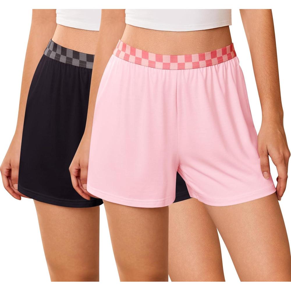 imageEkouaer Womens 2 Pack Pajama Shorts 2026 Comfy Elastic Waist Sleep Shorts Bamboo Viscose Soft Pj Bottoms with PocketsBlackpink