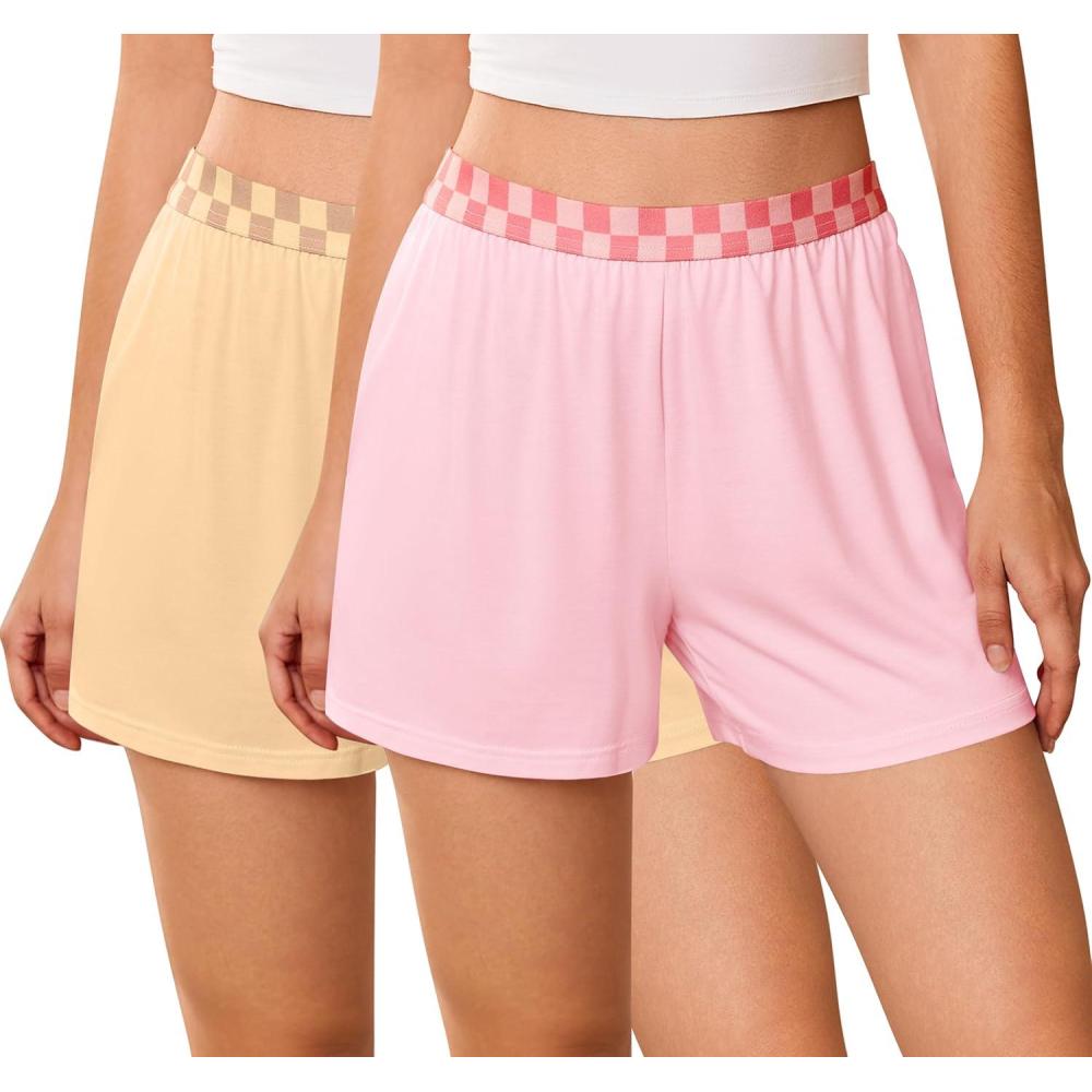 imageEkouaer Womens 2 Pack Pajama Shorts 2026 Comfy Elastic Waist Sleep Shorts Bamboo Viscose Soft Pj Bottoms with PocketsPinklight Brown