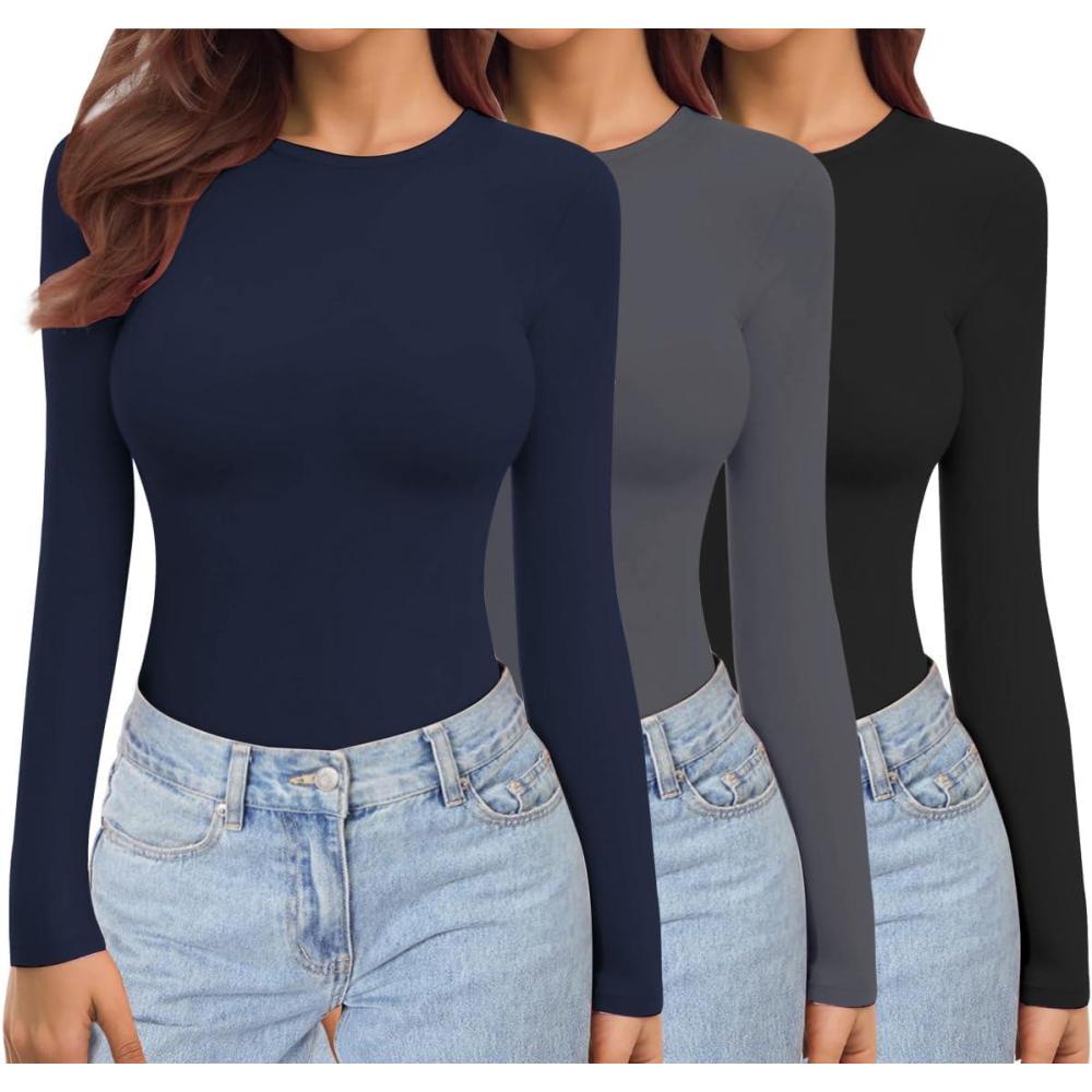 imageEkouaer Womens 3 Pack Long Sleeve Shirts Crew Neck Stretch Fitted Underscrubs Trendy Basic Tops Lightweight Thermal TeeBlackDarkgreyNavy Blue