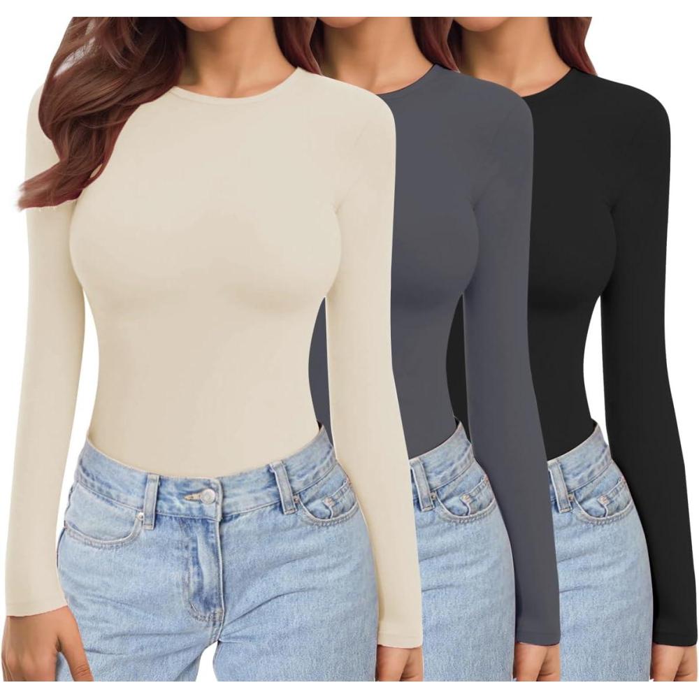 imageEkouaer Womens 3 Pack Long Sleeve Shirts Crew Neck Stretch Fitted Underscrubs Trendy Basic Tops Lightweight Thermal TeeBlackGreyBeige