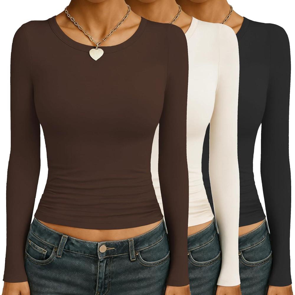 imageEkouaer Womens 3 Pack Long Sleeve Shirts Ruched Side Fitted Undershirts Round Neck Underscrubs Thermal Tops XSXXLBeigeBrownBlack