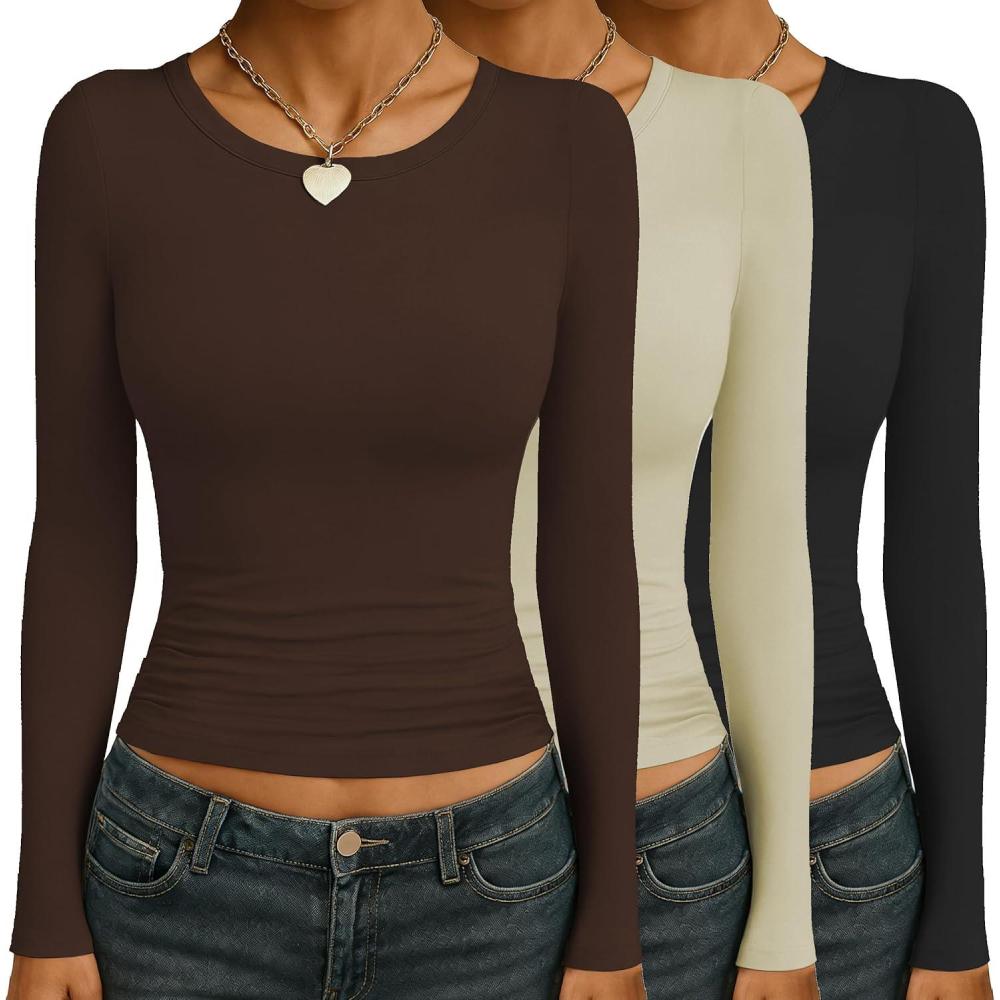 imageEkouaer Womens 3 Pack Long Sleeve Shirts Ruched Side Fitted Undershirts Round Neck Underscrubs Thermal Tops XSXXLBlackBrownKhaki