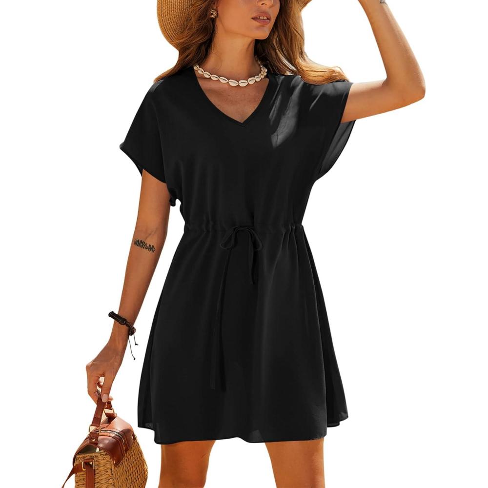 imageEkouaer Womens Cover Ups Casual Swimsuit Coverups Flowy Tie Waist Beach Cover Up DressBlack