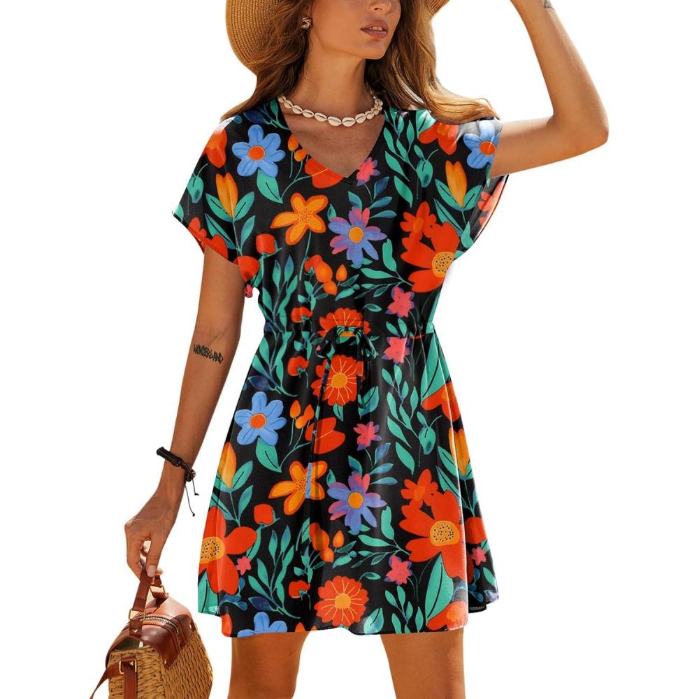 imageEkouaer Womens Cover Ups Casual Swimsuit Coverups Flowy Tie Waist Beach Cover Up DressBlack Floral