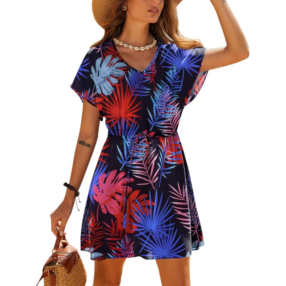 imageEkouaer Womens Cover Ups Casual Swimsuit Coverups Flowy Tie Waist Beach Cover Up DressBlack Red Leaf
