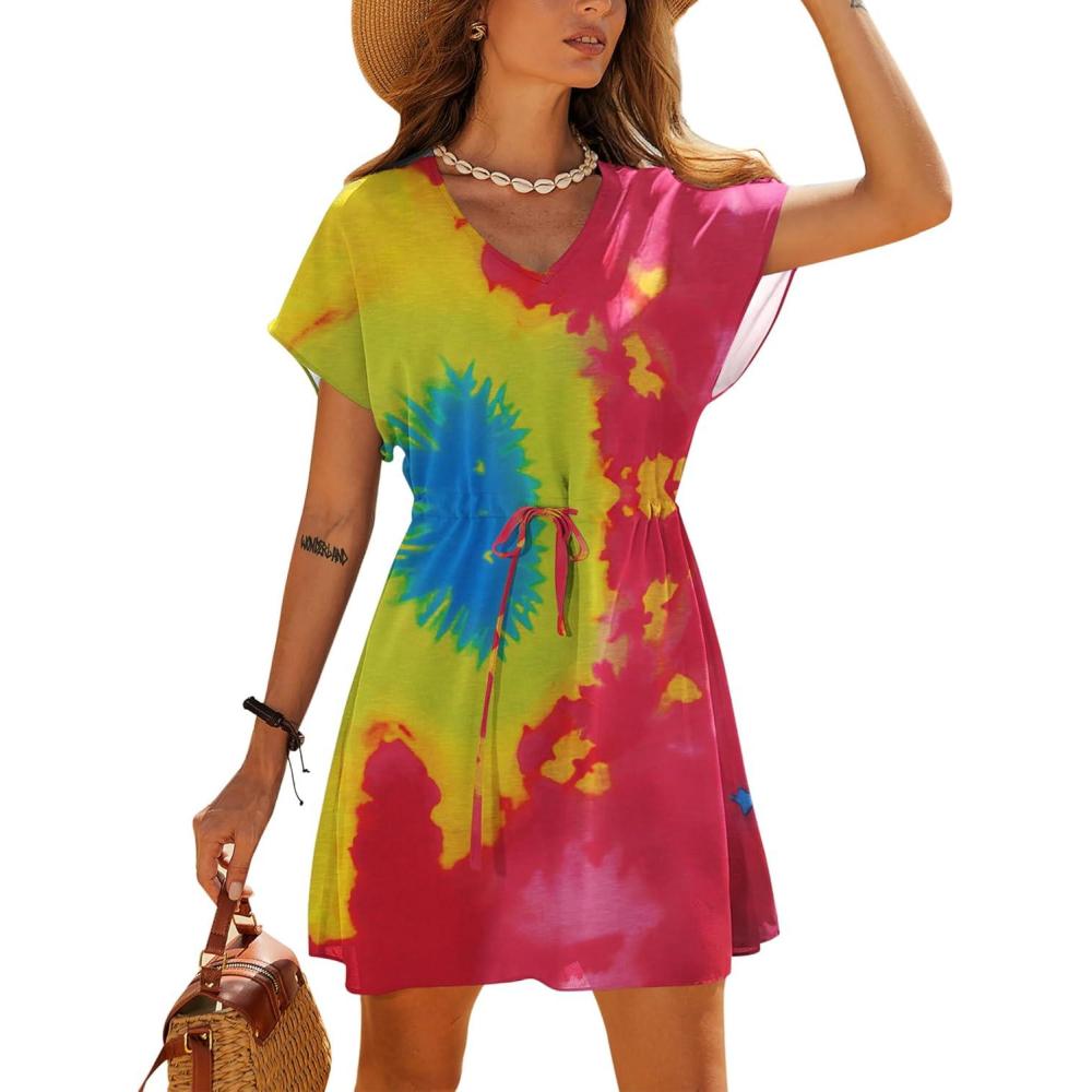 imageEkouaer Womens Cover Ups Casual Swimsuit Coverups Flowy Tie Waist Beach Cover Up DressColored Tie Dye