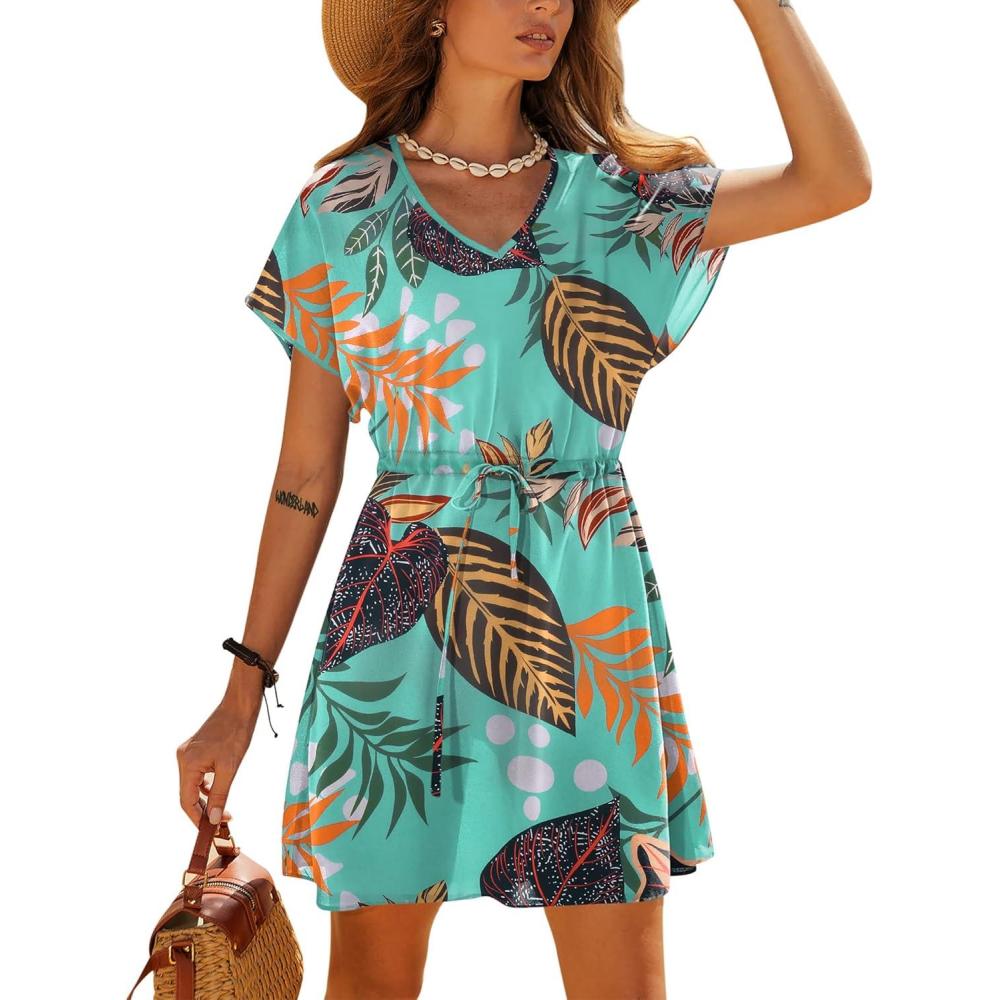 imageEkouaer Womens Cover Ups Casual Swimsuit Coverups Flowy Tie Waist Beach Cover Up DressGreen Black Leaf