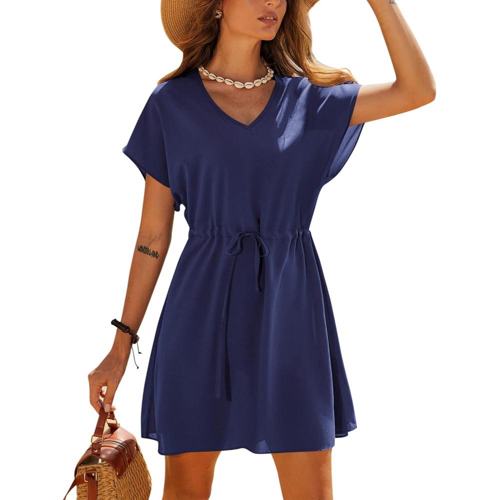 imageEkouaer Womens Cover Ups Casual Swimsuit Coverups Flowy Tie Waist Beach Cover Up DressNavy Blue