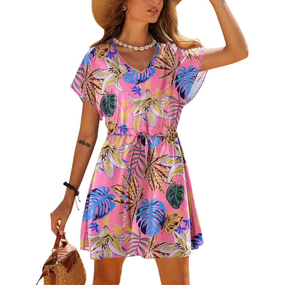 imageEkouaer Womens Cover Ups Casual Swimsuit Coverups Flowy Tie Waist Beach Cover Up DressPink Blue Leaf