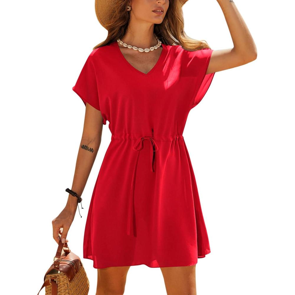 imageEkouaer Womens Cover Ups Casual Swimsuit Coverups Flowy Tie Waist Beach Cover Up DressRed