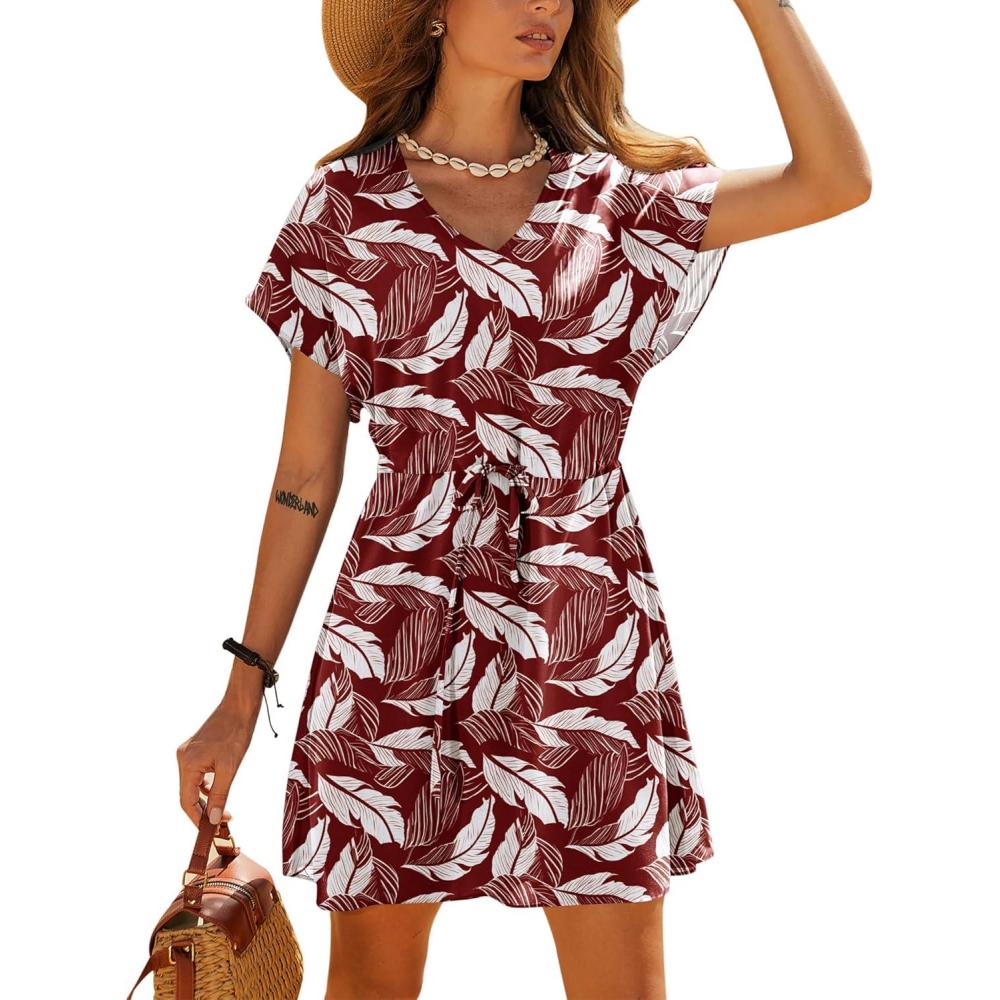 imageEkouaer Womens Cover Ups Casual Swimsuit Coverups Flowy Tie Waist Beach Cover Up DressRed Leaf