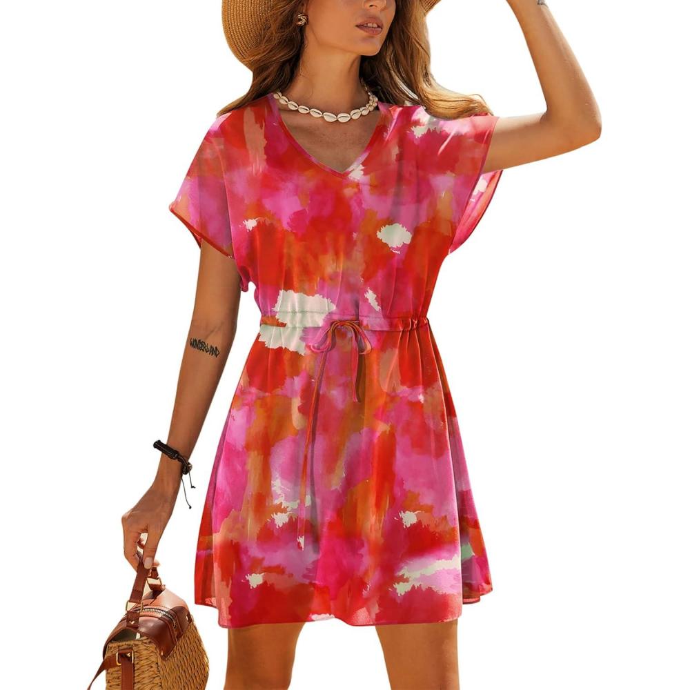 imageEkouaer Womens Cover Ups Casual Swimsuit Coverups Flowy Tie Waist Beach Cover Up DressRose Tie Dye