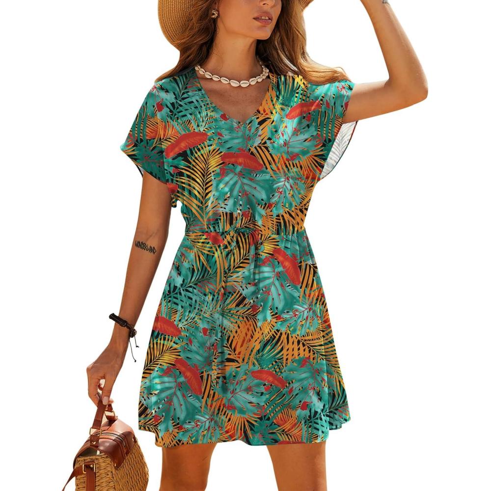 imageEkouaer Womens Cover Ups Casual Swimsuit Coverups Flowy Tie Waist Beach Cover Up DressTropical Print