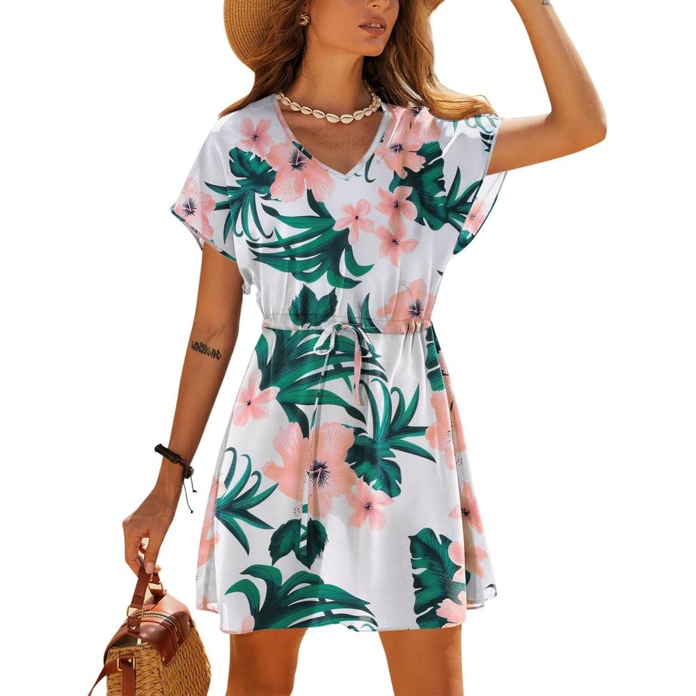 imageEkouaer Womens Cover Ups Casual Swimsuit Coverups Flowy Tie Waist Beach Cover Up DressWhite Pink Floral