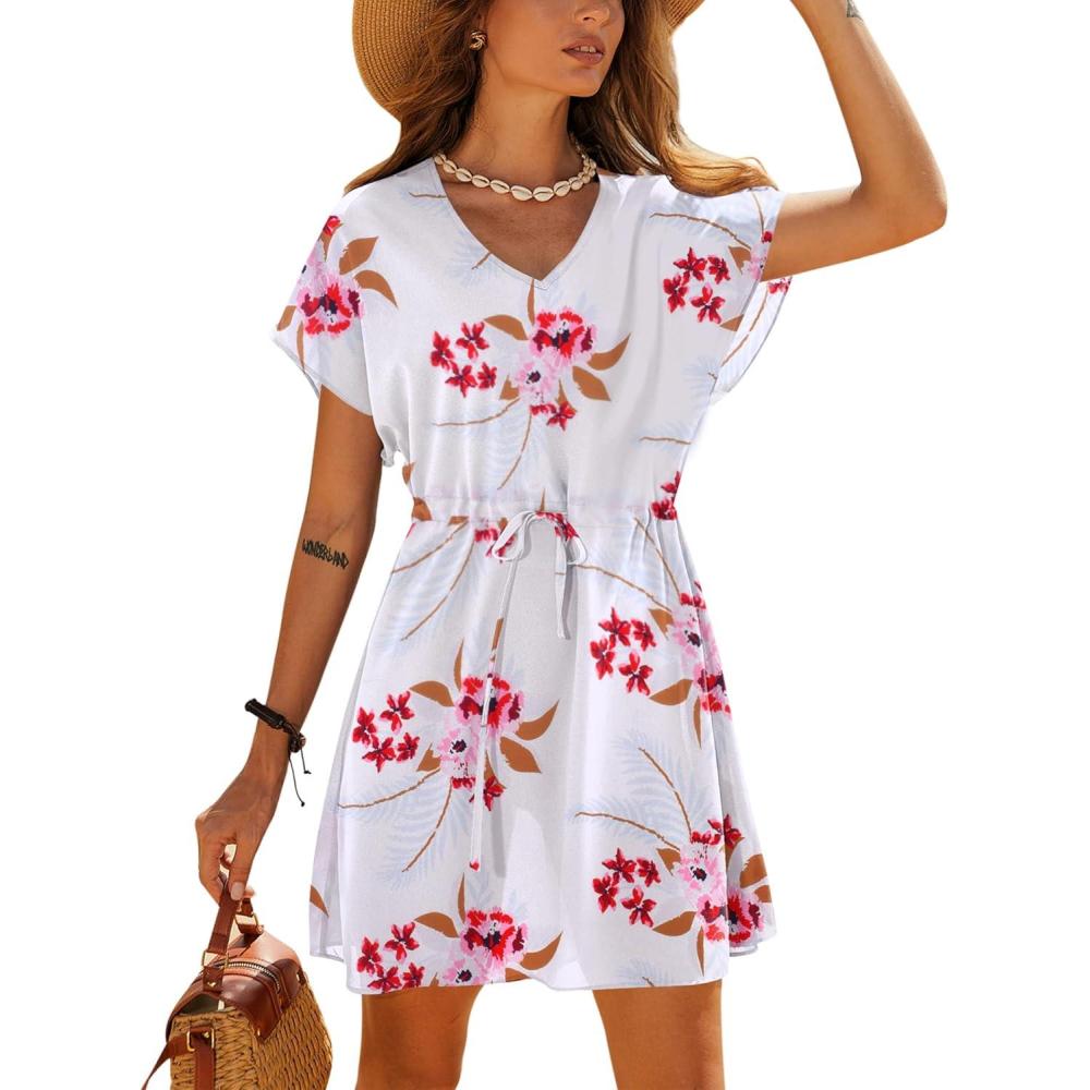imageEkouaer Womens Cover Ups Casual Swimsuit Coverups Flowy Tie Waist Beach Cover Up DressWhite Small Floral