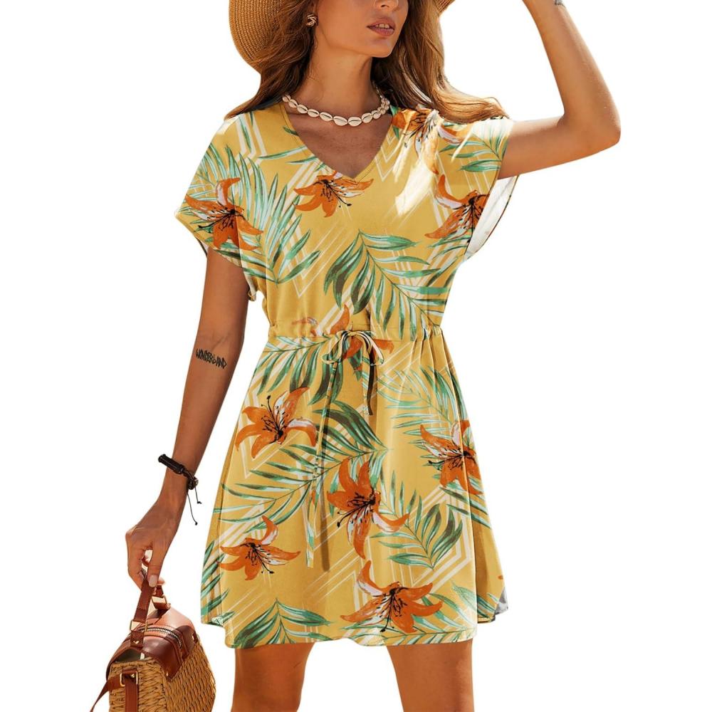imageEkouaer Womens Cover Ups Casual Swimsuit Coverups Flowy Tie Waist Beach Cover Up DressYellow Print