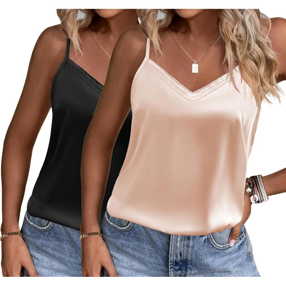 imageEkouaer Womens Lace Silk Satin Pajama Tank Tops V Neck Camisole Soft Spaghetti Strap Tops Loose Sleepwear S3XLBlack  Champagne