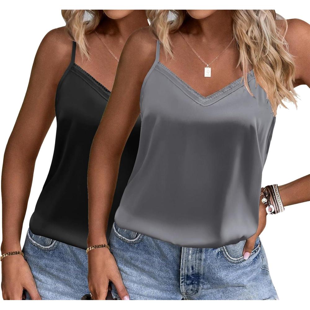 imageEkouaer Womens Lace Silk Satin Pajama Tank Tops V Neck Camisole Soft Spaghetti Strap Tops Loose Sleepwear S3XLBlack  Grey