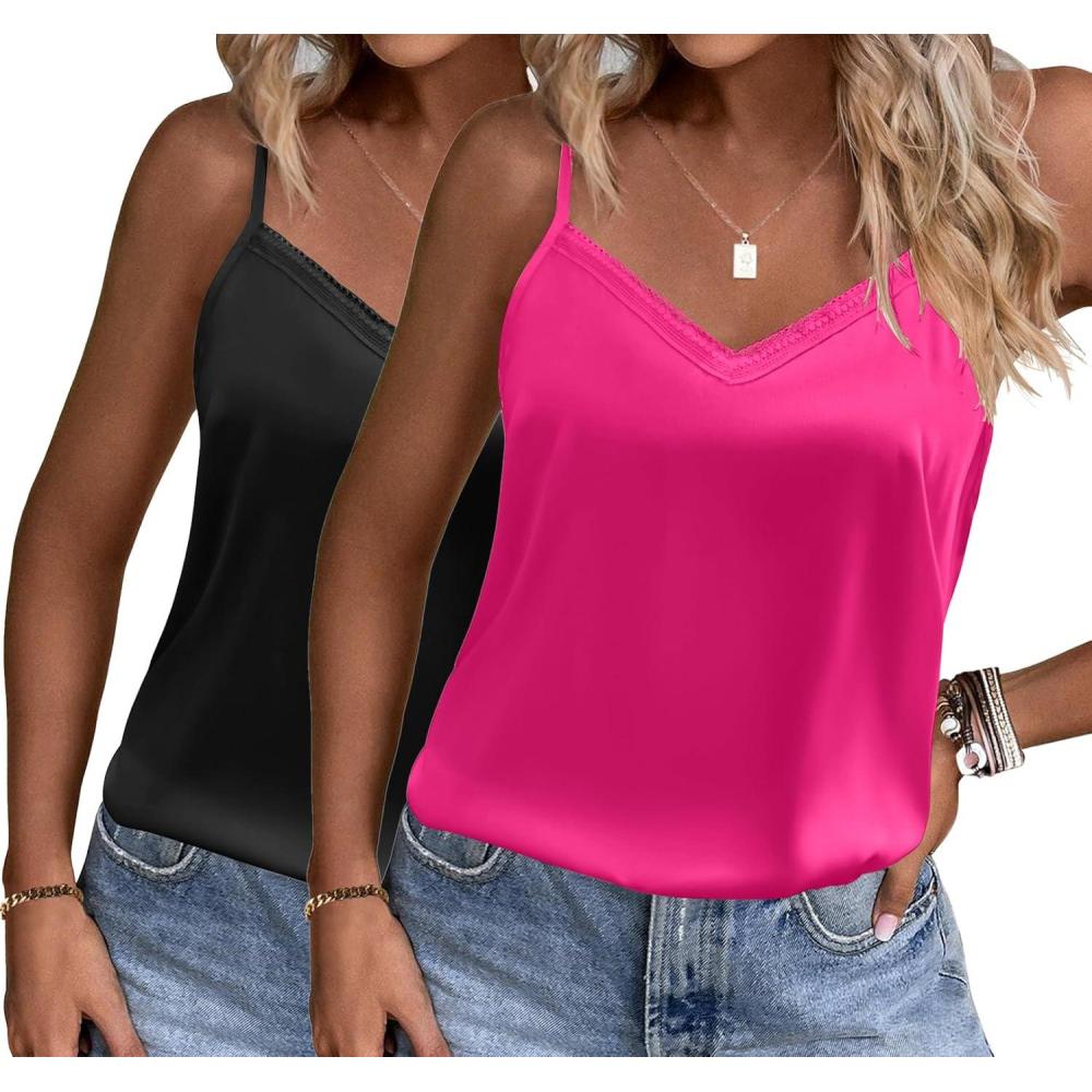 imageEkouaer Womens Lace Silk Satin Pajama Tank Tops V Neck Camisole Soft Spaghetti Strap Tops Loose Sleepwear S3XLBlack  Rose Red