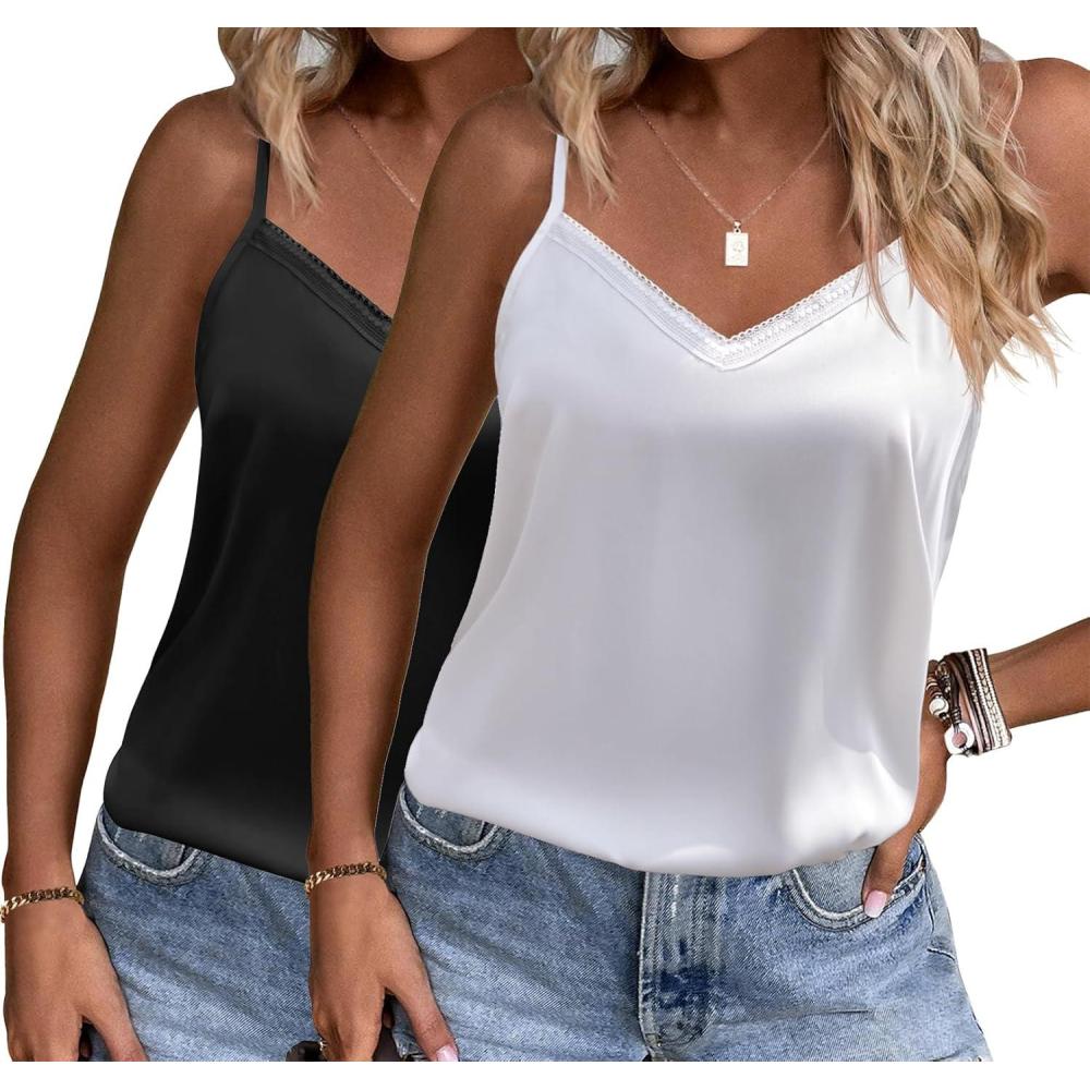 imageEkouaer Womens Lace Silk Satin Pajama Tank Tops V Neck Camisole Soft Spaghetti Strap Tops Loose Sleepwear S3XLBlack  White