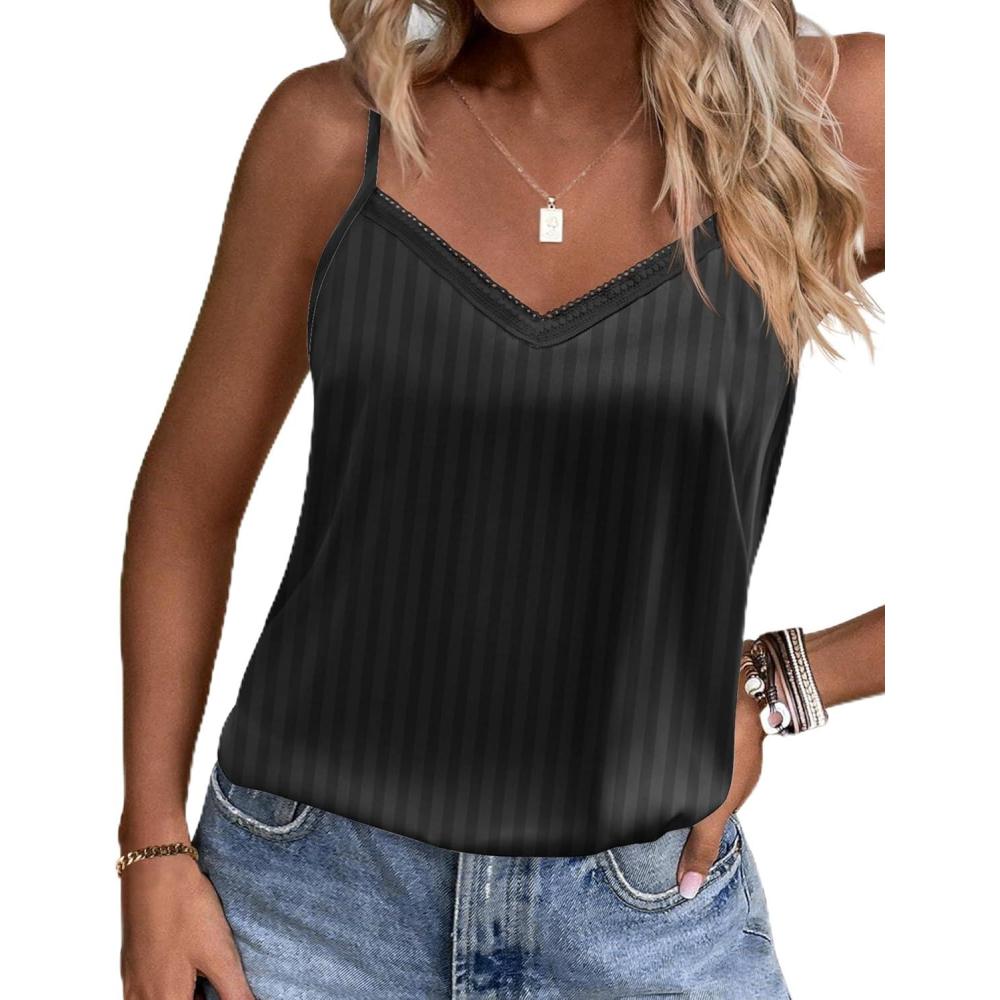 imageEkouaer Womens Lace Silk Satin Pajama Tank Tops V Neck Camisole Soft Spaghetti Strap Tops Loose Sleepwear S3XLBlack Stripes