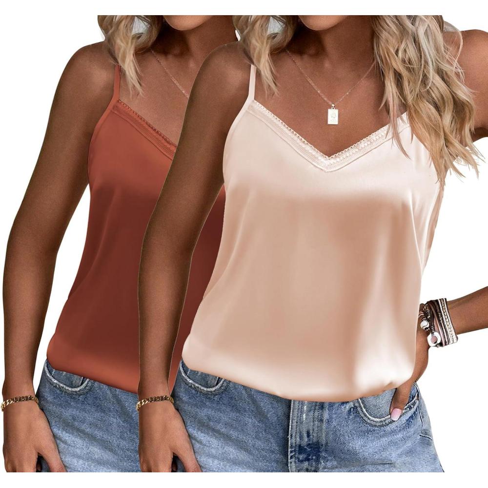 imageEkouaer Womens Lace Silk Satin Pajama Tank Tops V Neck Camisole Soft Spaghetti Strap Tops Loose Sleepwear S3XLBrown Champagne