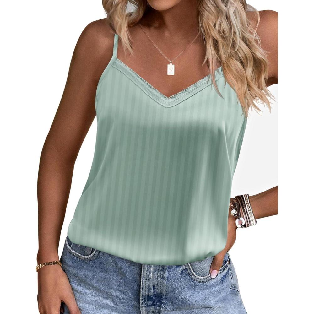 imageEkouaer Womens Lace Silk Satin Pajama Tank Tops V Neck Camisole Soft Spaghetti Strap Tops Loose Sleepwear S3XLIce Green Stripes