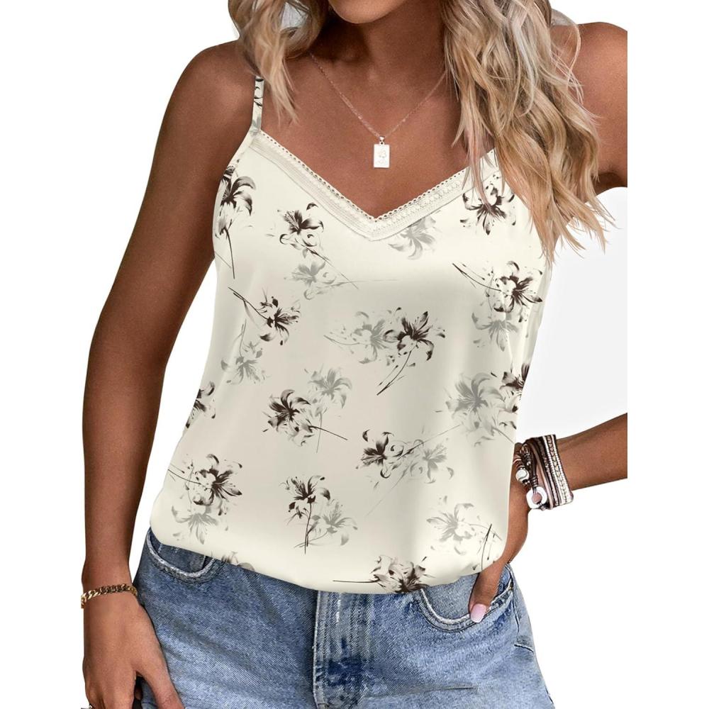 imageEkouaer Womens Lace Silk Satin Pajama Tank Tops V Neck Camisole Soft Spaghetti Strap Tops Loose Sleepwear S3XLInk Flowers