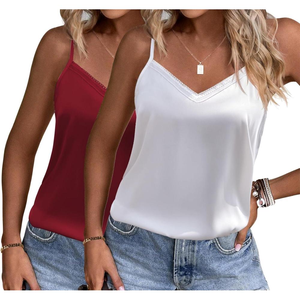 imageEkouaer Womens Lace Silk Satin Pajama Tank Tops V Neck Camisole Soft Spaghetti Strap Tops Loose Sleepwear S3XLWhite Wine Red