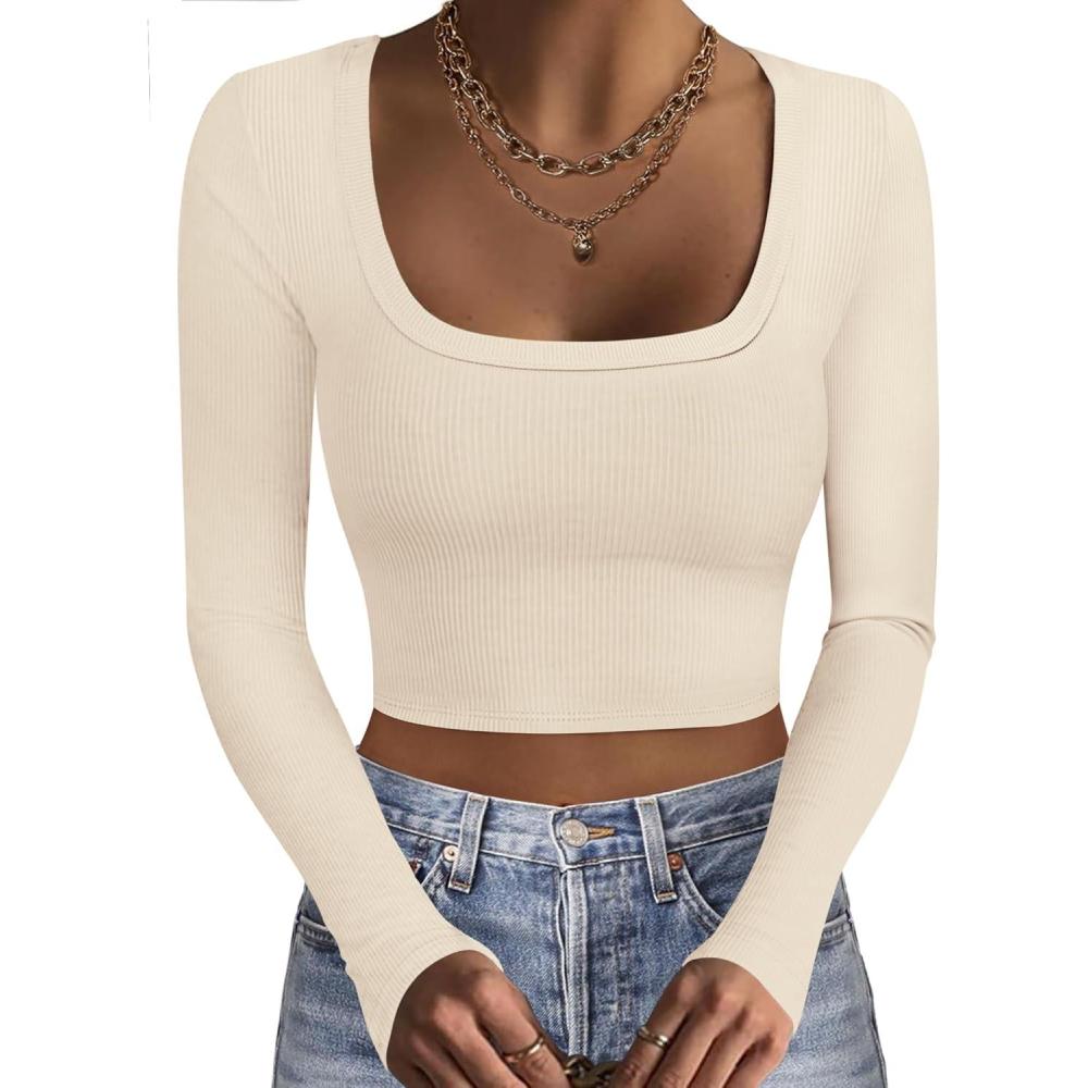 imageEkouaer Womens Long Sleeve Square Neck Crop Top Ribbed Slim Fitted Going Out Y2K Tops Casual Basic Shirts TeeBeige