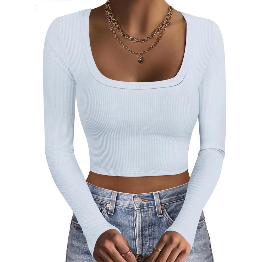 imageEkouaer Womens Long Sleeve Square Neck Crop Top Ribbed Slim Fitted Going Out Y2K Tops Casual Basic Shirts TeeCool White
