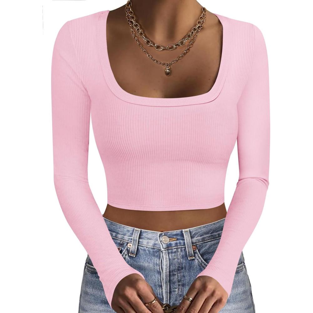 imageEkouaer Womens Long Sleeve Square Neck Crop Top Ribbed Slim Fitted Going Out Y2K Tops Casual Basic Shirts TeePink