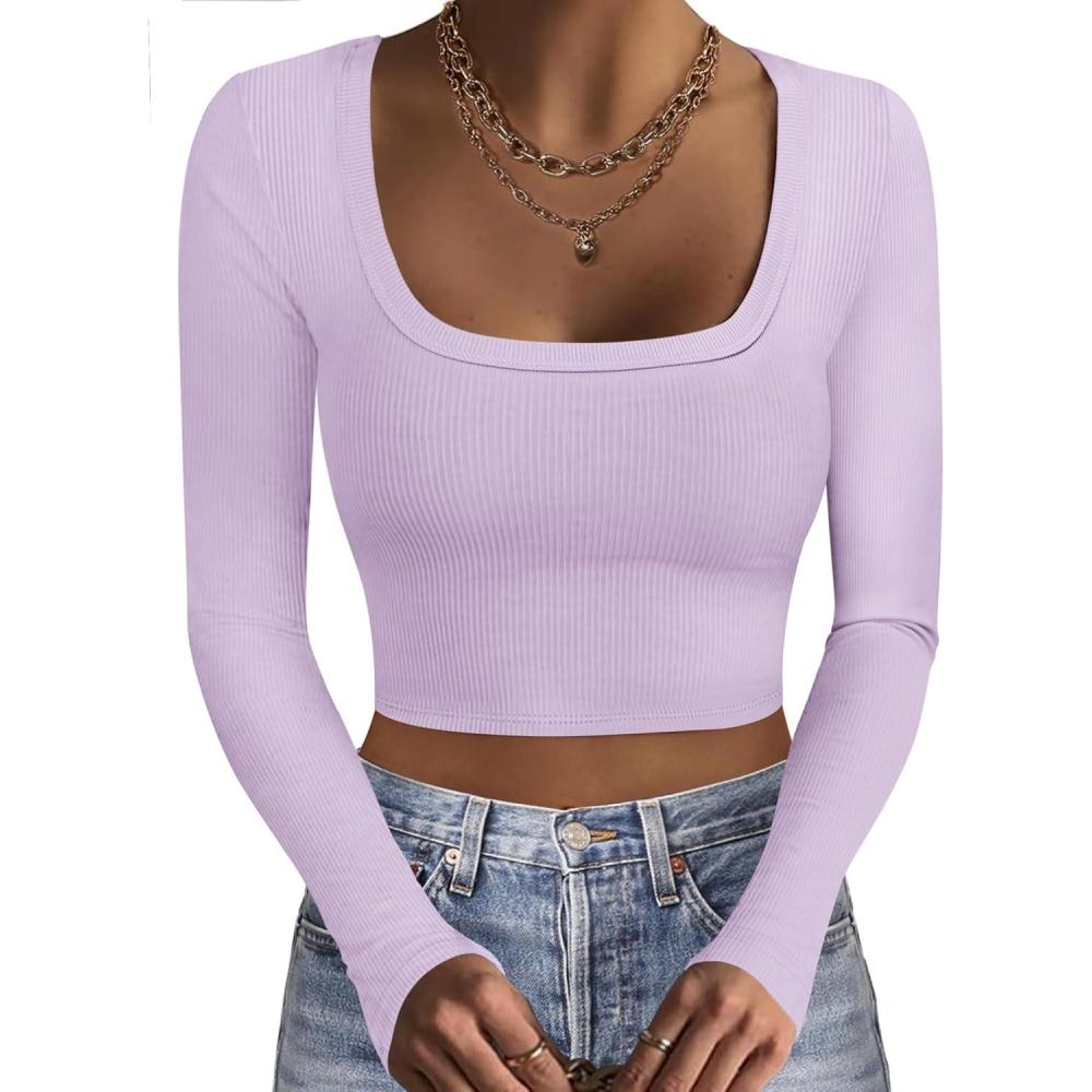 imageEkouaer Womens Long Sleeve Square Neck Crop Top Ribbed Slim Fitted Going Out Y2K Tops Casual Basic Shirts TeePurple