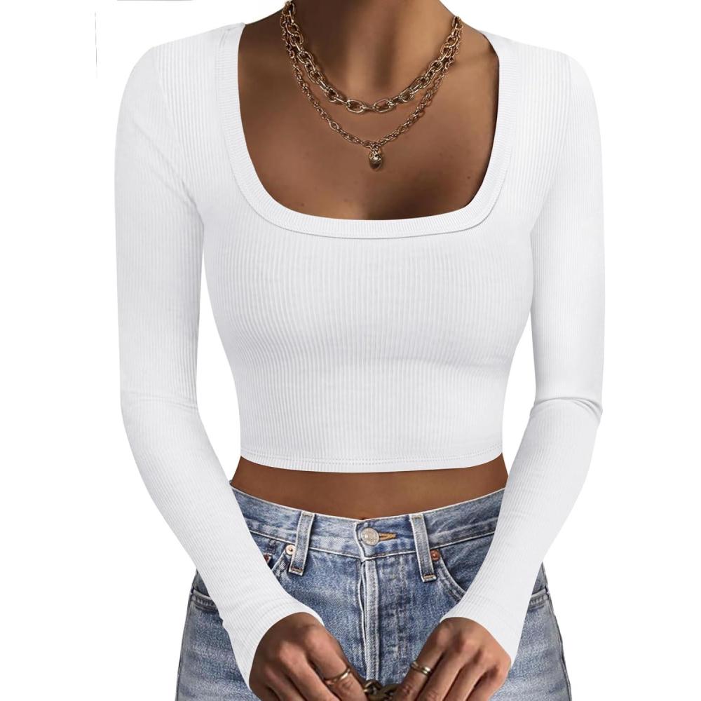 imageEkouaer Womens Long Sleeve Square Neck Crop Top Ribbed Slim Fitted Going Out Y2K Tops Casual Basic Shirts TeeWhite