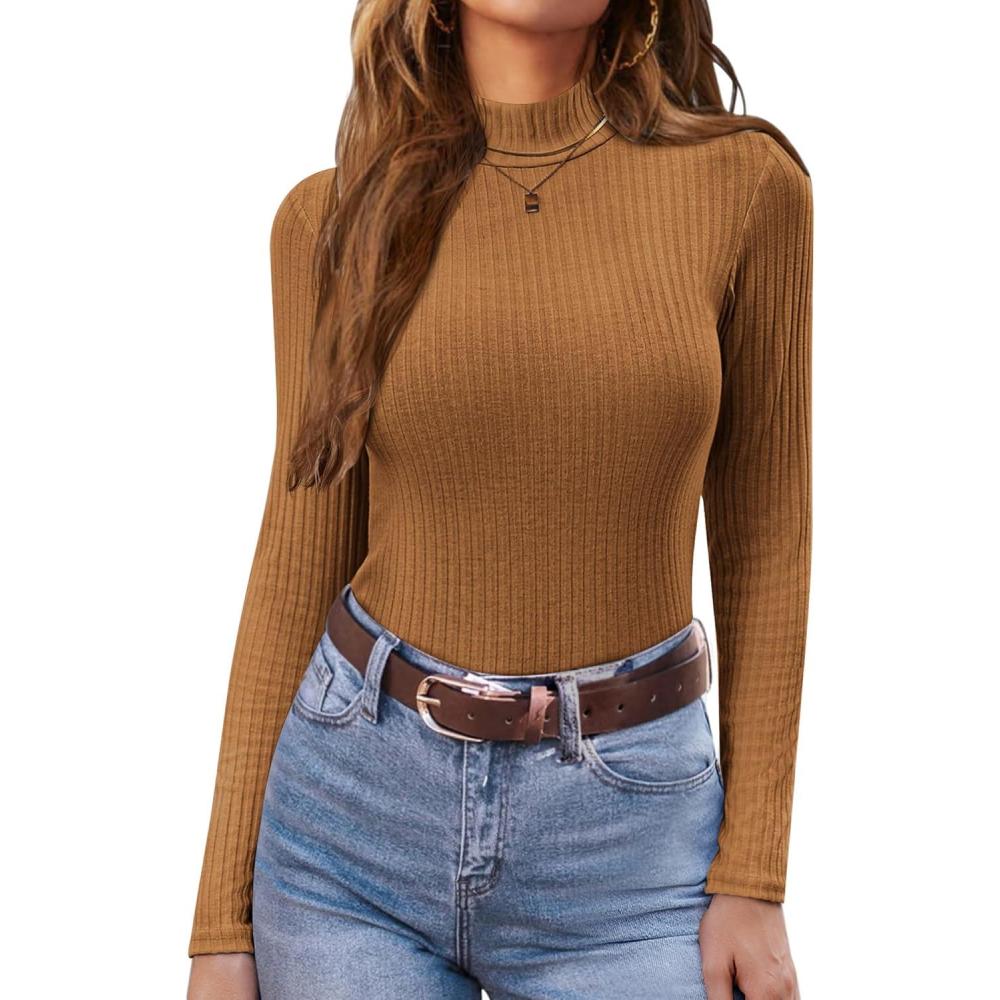 imageEkouaer Womens Mock Turtleneck Long Sleeve Shirts Ribbed Knit Lightweight Pullover Sweater Stretch Fitted Thermal TopBrown