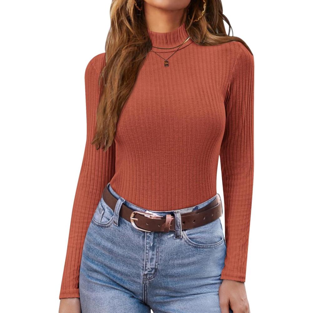 imageEkouaer Womens Mock Turtleneck Long Sleeve Shirts Ribbed Knit Lightweight Pullover Sweater Stretch Fitted Thermal TopCaramel