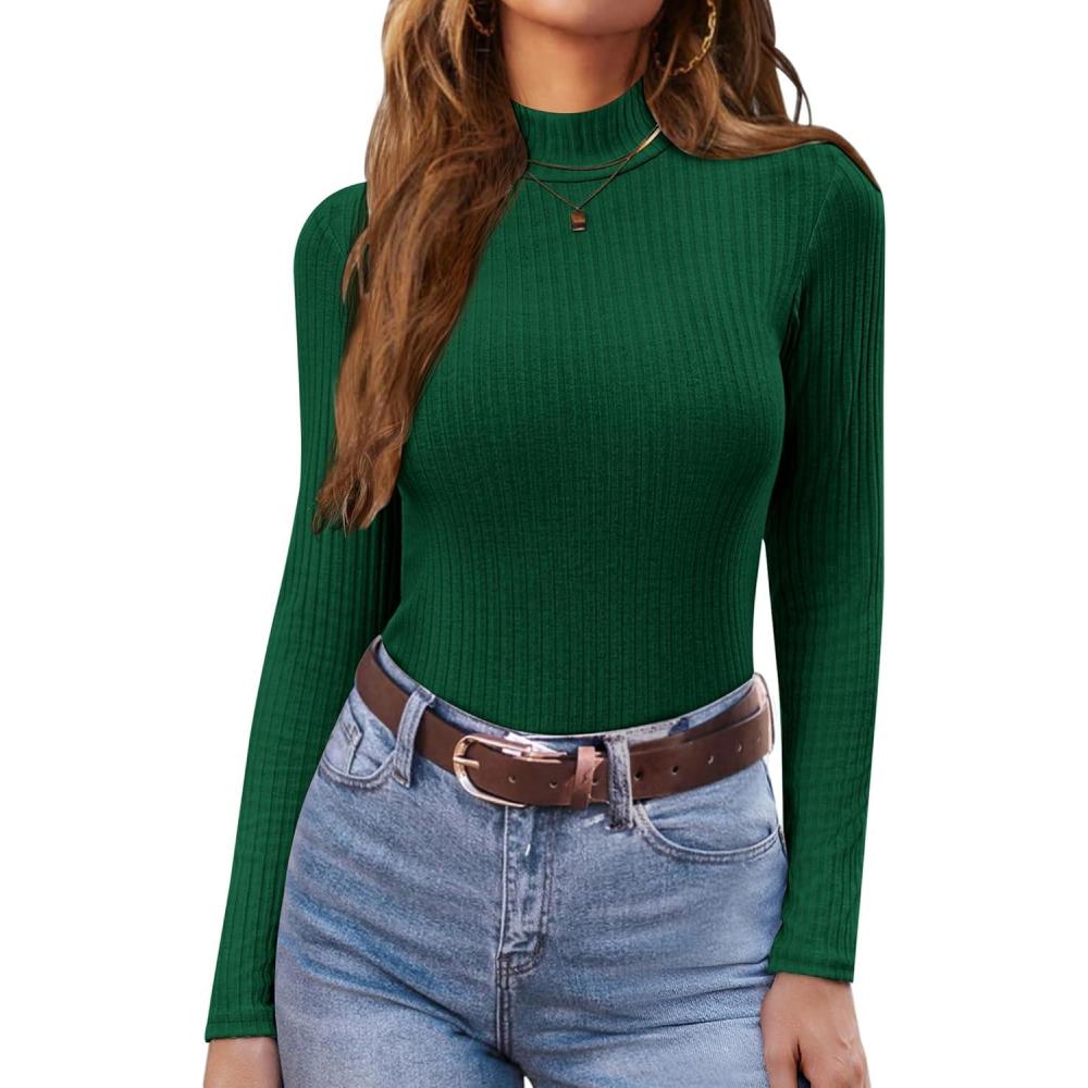 imageEkouaer Womens Mock Turtleneck Long Sleeve Shirts Ribbed Knit Lightweight Pullover Sweater Stretch Fitted Thermal TopGreen