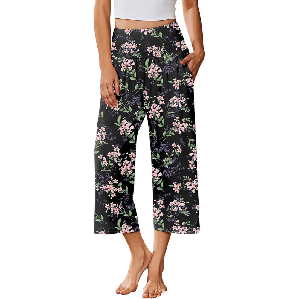 imageEkouaer Womens Pajama Pants Wide Leg Capri Yoga Pants Lounge Comfy Sleep Pj Bottoms with PocketsBlack Flowers