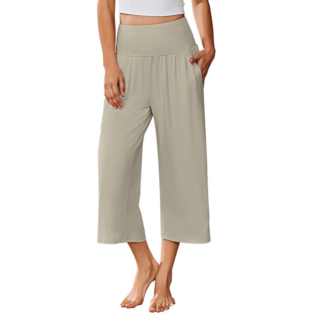imageEkouaer Womens Pajama Pants Wide Leg Capri Yoga Pants Lounge Comfy Sleep Pj Bottoms with PocketsLight Beige