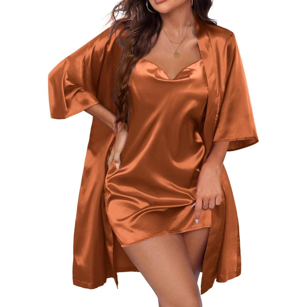 imageEkouaer Womens Satin Robe Set Nightgown with Robes Silk Pajama Set 2 Pieces Lingerie Cowl Neck Cami Sleepwear SetsBrown