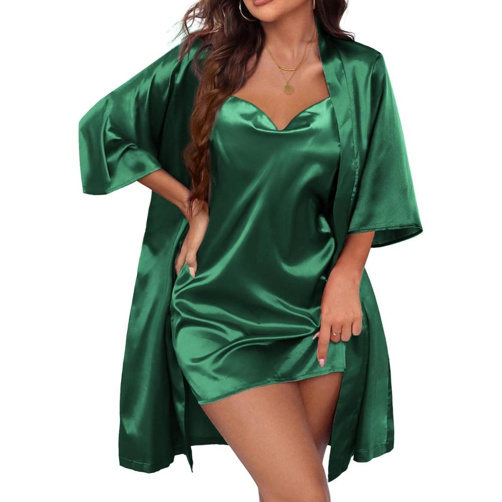 imageEkouaer Womens Satin Robe Set Nightgown with Robes Silk Pajama Set 2 Pieces Lingerie Cowl Neck Cami Sleepwear SetsDark Green