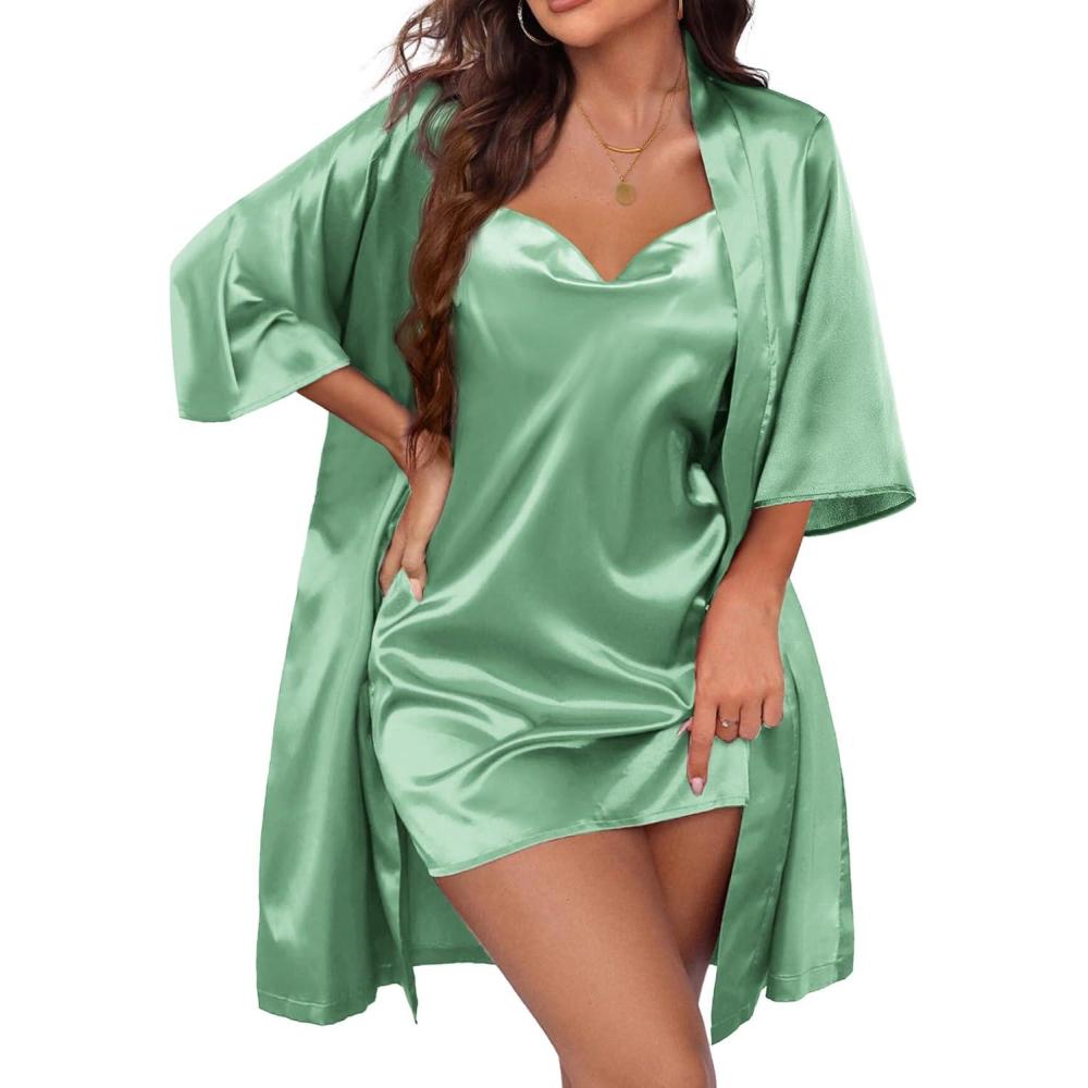imageEkouaer Womens Satin Robe Set Nightgown with Robes Silk Pajama Set 2 Pieces Lingerie Cowl Neck Cami Sleepwear SetsLight Green