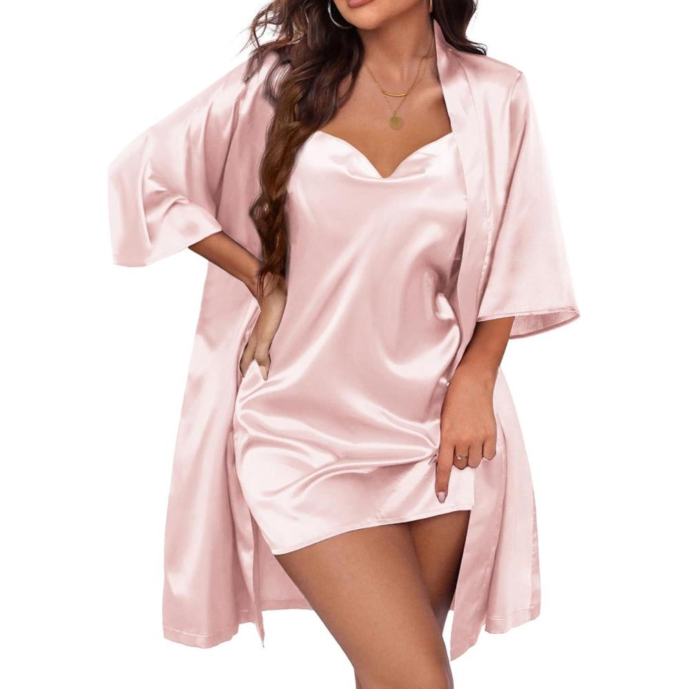 imageEkouaer Womens Satin Robe Set Nightgown with Robes Silk Pajama Set 2 Pieces Lingerie Cowl Neck Cami Sleepwear SetsLight Pink