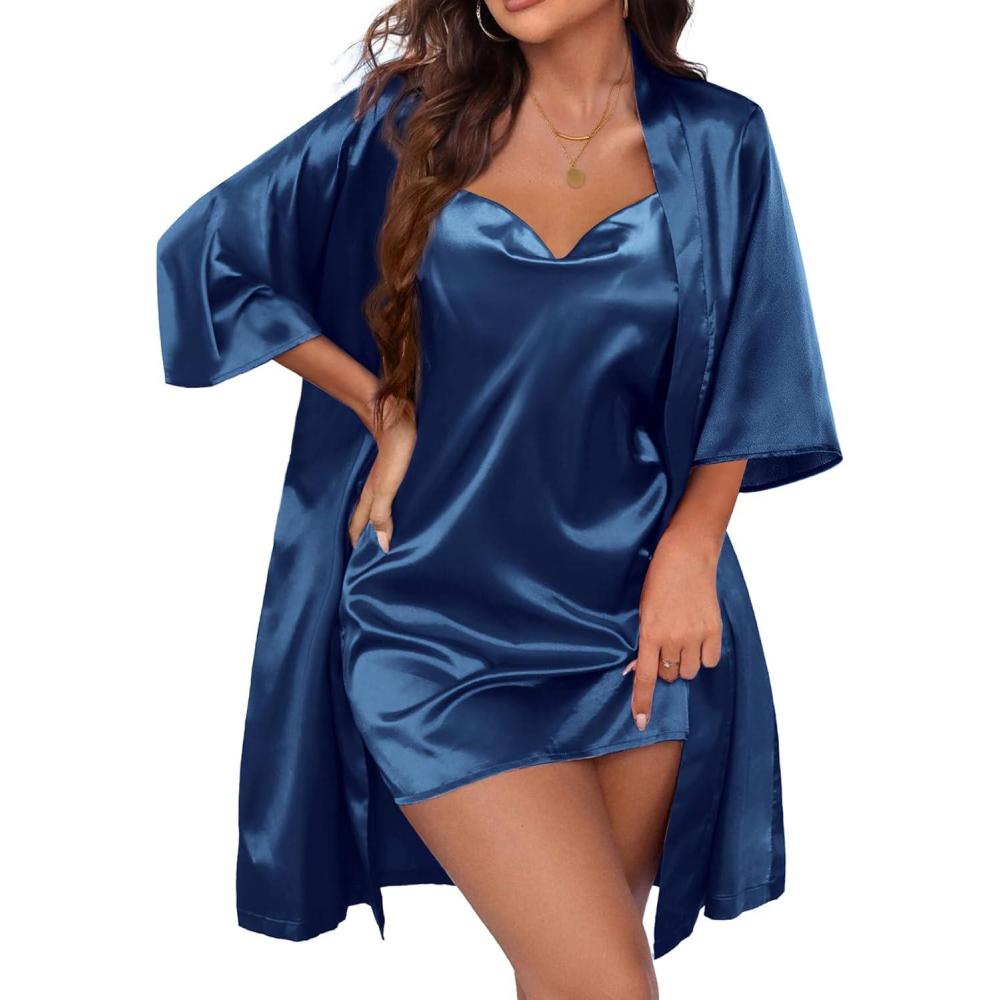imageEkouaer Womens Satin Robe Set Nightgown with Robes Silk Pajama Set 2 Pieces Lingerie Cowl Neck Cami Sleepwear SetsNavy Blue