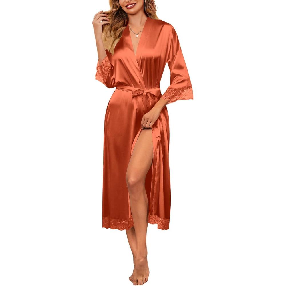 imageEkouaer Womens Satin Robe Silk Kimono Bathrobe for Bride Long Bridesmaids Wedding Party Loungewear Sleepwear SXXLCaramel