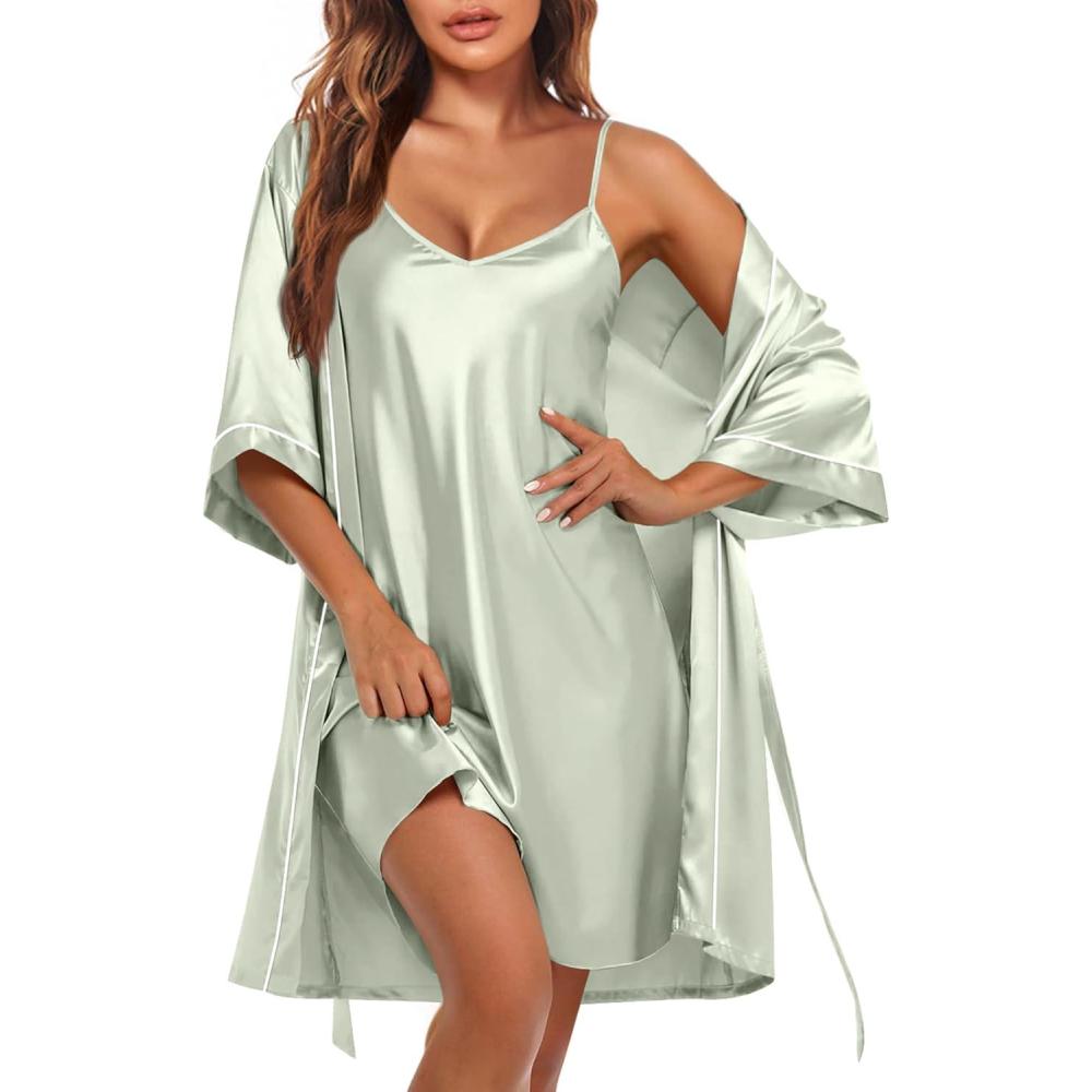 imageEkouaer Womens Silk Robe Set V Neck 2 Piece Satin Bathrobes 34 Sleeves Bridal Sleepwear Sexy Cami NightgownLight Green