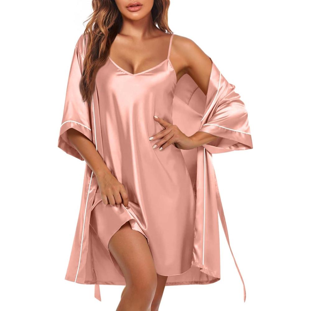 imageEkouaer Womens Silk Robe Set V Neck 2 Piece Satin Bathrobes 34 Sleeves Bridal Sleepwear Sexy Cami NightgownPastel Pink