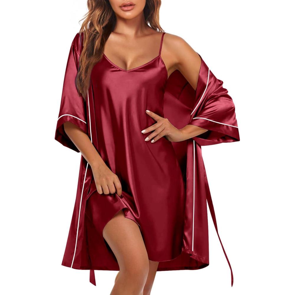 imageEkouaer Womens Silk Robe Set V Neck 2 Piece Satin Bathrobes 34 Sleeves Bridal Sleepwear Sexy Cami NightgownWine Red